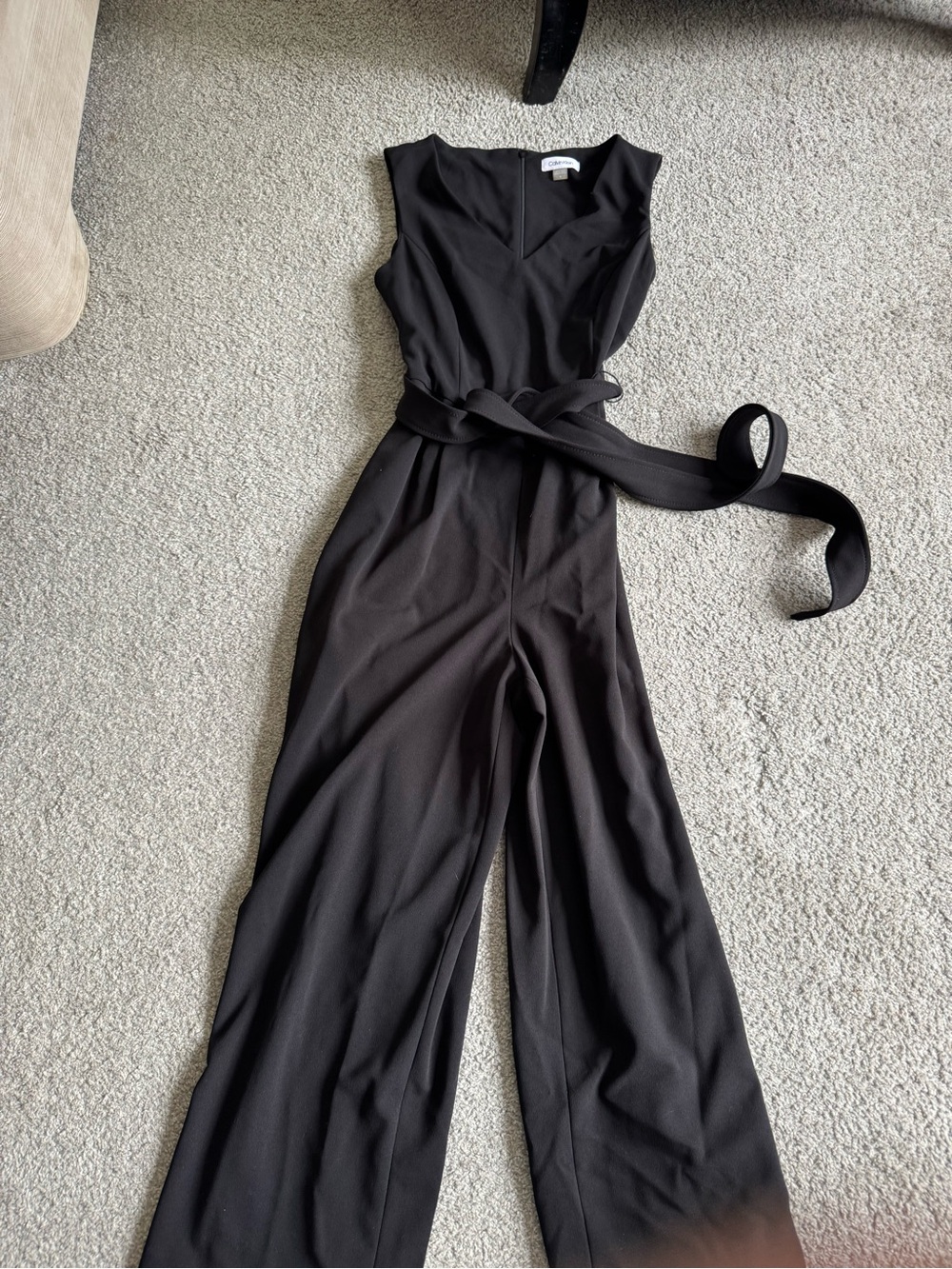 Calvin Klein Black Sleeveless V-Neck Jumpsuit with Waist Sash